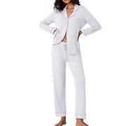 Ekouaer Pajamas Women's Long Sleeve Sleepwear Soft Button Down Loungewear Pjs Lounge Set Nightwear XS-XXL White