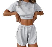 Ekouaer Pyjamas for Women Short Sleeve Pjs Summer Pyjama Set Ladies Nightwear Cute Top and Split Shorts, Grey Striped XL