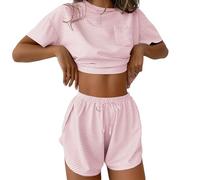 Ekouaer Pyjamas for Women Short Sleeve Pjs Summer Pyjama Set Ladies Nightwear Cute Top and Split Shorts, Pink Striped L