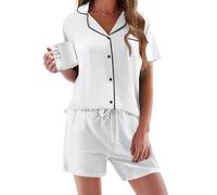 Ekouaer Pyjamas for Women Shorts Kurz Button Up Pyjama for Ladies Sommer Sleep & Lounge V-Neck Nightwear Soft Sexy Loungewear, White, XXL