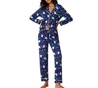 Ekouaer Pyjamas For Women Soft Women's Pyjama Sets Button Up Tops And Pants Pjs Sleepwear Navy Blue Santa Claus XL