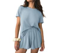 Ekouaer Pyjamas Ladies Short Pyjama Set Round Neck Pyjamas Knitted Nightwear Soft Sleepwear Loungewear with Frills S-XXL Sky Blue S