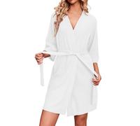 Ekouaer Robes for Women Waffle Knit Bathrobe Soft Lightweight Knee Length Loungewear White XL