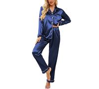 Ekouaer Silk Pyjamas for Women Classic Satin Pyjama Set Button Down Ladies Pyjamas Two Piece Pjs for Women Sets S-XXL Dark Blue