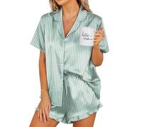 Ekouaer Sleep Set for Women Satin Button Up Loungwear Short Sleeve Sleepwear Soft Silk Pajama Set Bridesmaid Pjs Green Striped X-Large