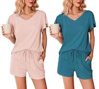 Ekouaer Summer Pyjamas For Women Uk 2 Pack Nightwear Sommer Pjs Sets Ruffle Sleeves Top and Shorts Ladies Loungewear Sets Uk,Light Pink + Teal, L