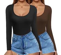 Ekouaer Thermal Tops Womens Basic T-Shirt Long Sleeve Crop Top Slim Fit Tops Casual Crew Neck Tee Shirt Long Sleeve, Black+Coffee, M