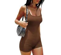 Ekouaer Women Jumpsuits Romper Summer Sleeveless One Piece Shorts Adjustable Straps Stretch Body Suits Ribbed Sexy Casual Tops, Brown, M