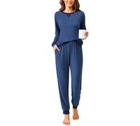 Ekouaer Women Pyjama Set Long Sleeve Loungewear 2 Pieces Top & Bottom Sleepwear Soft Nightwear with Pockets Ladies Pjs Set Blue