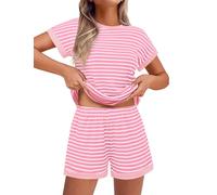 Ekouaer Women Striped Pyjama Sets Knit Short Sleeve Pj Tops and Shorts Textured lounge wear sets ladies nightwear with Pockets Pink&White L