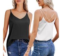 Ekouaer Womens 2 Pack Silk Satin Camisole Tank Top V Neck Sexy Cross Back Spaghetti Strap Cami Sleeveless Lounge Tops Black+White L
