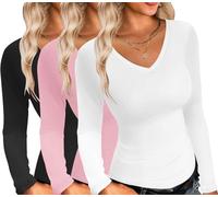 Ekouaer Womens 3 Pack Long Sleeve Shirts Sexy V Neck Tee Slim fit Tops Stretch Fitted Thermal Undershirt Layer Black + Pink + White M