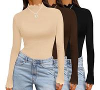 Ekouaer Womens 3 Pack Long Sleeve Shirts Turtleneck Tops for Women Stretch Fitted Thermal Undershirt Layer S-XXL,Black+Brown,S