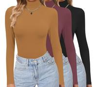 Ekouaer Womens 3 Pack Long Sleeve Shirts Turtleneck Tops Thermal Shirts Winter T-Shirt Stretch Basic Tops Black + Red + Brown S