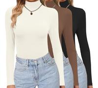 Ekouaer Womens 3 Pack Long Sleeve Tops Turtleneck TopsThermal Shirts Winter T-Shirt Stretch Basic Tops Black + Brown + Beige XXL
