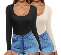 Ekouaer Women's Long Sleeve Slim Fit Shirts Crop Tops Casual Crew Neck Tight T-Shirt Basic Thermal Blouse Tee Tops, Beige+Black, S