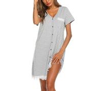 Ekouaer Womens Nightshirts Button Down Nightie Sexy Nightgown Pajamas Dress V Neck Short Sleeve Nightshirt, Striped-1, M