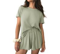 Ekouaer Womens Pajamas 2 Piece Ribbed Knit Pjs Short Sleeve Sleepwear Set Summer Soft Pajamas Set Casual Lounge Sets