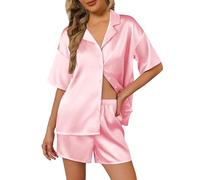 Ekouaer Women's Pyjama Set Silk Satin Short Sleeve Sleepwear Button Down Pjs Set Two Pieces Loungewear Pink XXL
