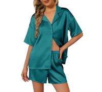 Ekouaer Women's Pyjama Set Silk Satin Short Sleeve Sleepwear Button Down Pjs Set Two Pieces Loungewear Blue green XXL