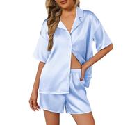 Ekouaer Women's Pyjama Set Silk Satin Short Sleeve Sleepwear Button Down Pjs Set Two Pieces Loungewear Light blue XXL