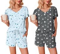 Ekouaer Womens Pyjamas 2 Pack Nightwear Sommer Pjs Sets Ruffle Sleeves Top and Shorts Loungewear,Light Blue Stars + Dark Gray Stars, L