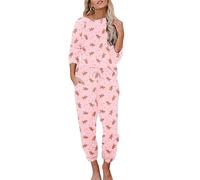 Ekouaer Women's Pyjamas Long Sleeve Pjs Set Warm Loungewear Soft 2 Pieces Ladies Sleepwear with Pockets Winter Pink-Gingerbread Man XXL
