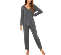 Ekouaer Womens Pyjamas Set Ladies Pjs Sets Long Sleeve Pyjamas for Women V-Neck Lounge Wear Sets Top and Pants Nightwear, Grey S