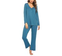 Ekouaer Womens Pyjamas Set Ladies Pjs Sets Long Sleeve Pyjamas for Women V-Neck Lounge Wear Sets Top and Pants Nightwear, Teal M