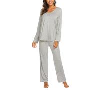 Ekouaer Womens Pyjamas Set Ladies Pjs Sets Long Sleeve Pyjamas for Women V-Neck Lounge Wear Sets Top and Pants Nightwear, Light Grey XL