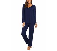 Ekouaer Womens Pyjamas Set Ladies Pjs Sets Long Sleeve Pyjamas for Women V-Neck Lounge Wear Sets Top and Pants Nightwear, Navy Blue M
