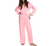 Ekouaer Womens Pyjamas Set Satin Silky 2 Piece Long Sleeve Pjs, Pink L