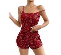 Ekouaer Womens Pyjamas Set Short Loungewear Sets Sleeveless Ruffle Camisole Printed Sleepwear Adjustable Straps Pjs, Red Love, L
