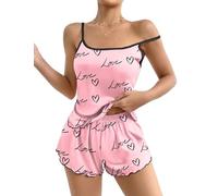 Ekouaer Womens Pyjamas Set Short Loungewear Sets Sleeveless Ruffle Camisole Printed Sleepwear Adjustable Straps Pjs, Pink Love, L