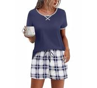 Ekouaer Women's Pyjamas Set Short Sleeve Pjs Nightwear Soft Lounge Sets Chic 2 Piece Top and Shorts for Loungewear Sleepwear,Navyblue,L