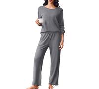 Ekouaer Womens Pyjamas Sets Ribbed Lounge Crewneck Pjs Loose Fit Nightwear | knit long sleeve loungewear, chic lettuce trim, wide leg pants, cuffed pullover top, cozy sleepwear, pockets & elastic waist