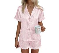 Ekouaer Womens Satin Print Pyjama Set with Bow Front Tie Up | v neck, short sleeve, shorts, lapel, ruffle cuffs & hem, elastic waist, cute patterns, sleep & lounge, perfect for summer