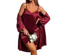 Ekouaer Women's Satin Robes 2 Pack Lace Cami Nightgown and Dressing Gown | lace trim detail at neckline, adjustable spaghetti straps, 3/4 sleeves, tied waist, shawl lapels