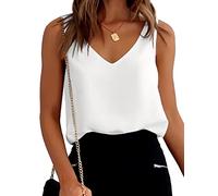Ekouaer Womens Tank Tops v Neck Sleeveless Summer Shirts Blouse Loose Casual Silky Satin Vest Tops,White,S