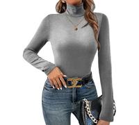 Ekouaer Women's Turtleneck Long Sleeve Shirts Lightweight Base Layer Solid Slim Fit Tops, Gray, S