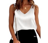 Ekouaer Women's V Neck Satin Camisole Vest Silk Loose Sleeveless Tank Tops Basic Tank Undershirt,White,S