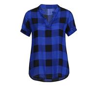 Ekrfxh Women Short Sleeve V Neck Check Plaid Shirts Casual T Shirt Check Classical Button Down Oversized Tops Blouses for Ladies Blue
