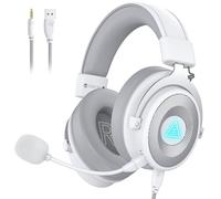EKSA E900Pro Gaming Headset for PC PS5 PS4, Wired Headphones with Detachable Noise Cancelling Mic, 7.1 Surround Sound, USB&3.5mm Cable, LED Light, Over-Ear USB Gaming Headphones for Xbox One (White)