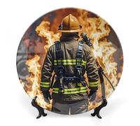 EKYOSHCZ Bone China Decorative Plate Firefighter Fireman Flame Ceramic Dinner Plates with Display Stand Ceramic Ornaments Art Porcelain Plate for Home Office Wall Decor Collections Plate 8inch