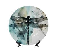 EKYOSHCZ Bone China Decorative Plate Ink Dragonfly Ceramic Dinner Plates with Display Stand Ceramic Ornaments Art Porcelain Plate for Home Office Wall Decor Collections Plate 8in
