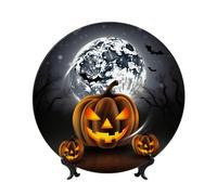 EKYOSHCZ Halloween Decorative Bone China Plate Moon Bat Pumpkin Ceramic Dinner Plates with Display Stand Porcelain Plate for Home