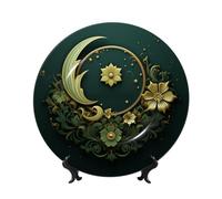 EKYOSHCZ Ramadan Decorative Bone China Plate on Green Wallpaper Ceramic Dinner Plates with Display Stand Ceramic Ornaments Porcelain Plate for Home and Home