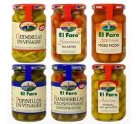 El Faro Banderillas Spicy & Sweet, Guindillas Green Peppers, Pickled Gherkin in Vinegar, Mojo Picon, Gordal Con Guindilla Pack of 6