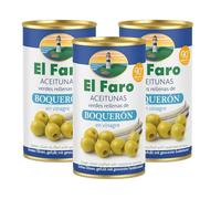 El Faro Green Manzanilla Olives with Boqueron (white Anchovy), 350g Pack of 3