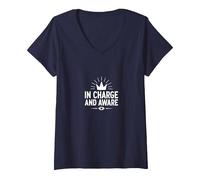 El Jefes in Charge and Aware Leadership Graphic V-Neck T-Shirt, Women, Navy, M